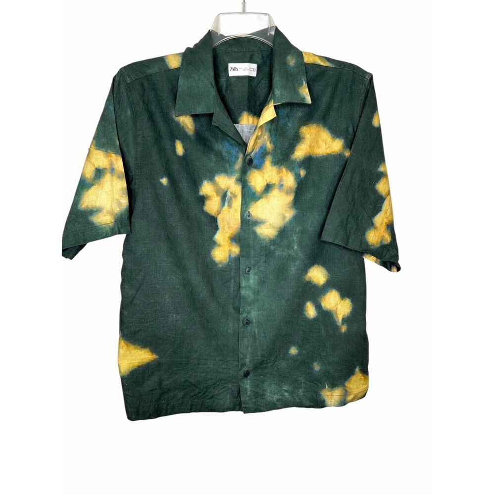 Zara Mens Green Yellow Blue Linen Blend Tie Die Button Down Camp Shirt